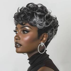 lot 20087 image: Pixie Cut Wig Short Curly for Black Women - Mixed Grey With Bangs, Natural Short Wigs (Black Mixed Grey)