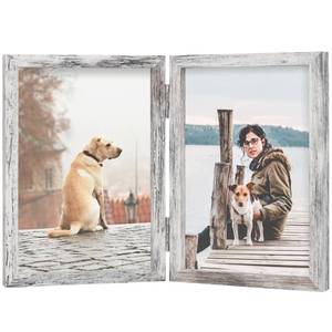lot 20130 image: FOREV 5x7 Double Picture Frame Wooden Hinged Photo Frame Definition Glass Stand Vertically on Desktop or Tabletop Distressed White