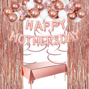 lot 20134 image: Happy Motherfts Day Decorations Banner and Bolloons Set, Rose Mothers Day Party Supplies with Foil Fringe Curtains, Banner, Balloons, Tablecloth, Hanging Swirls Decor
