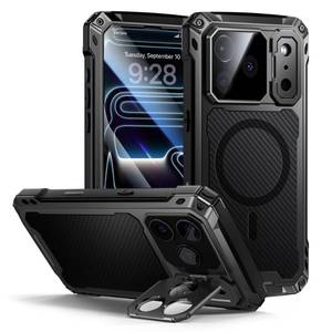 lot 20162 image: Lanhiem for iPhone 17 Pro Metal Case with Kickstand, Compatible with MagSafe, Built in Tempered Glass Screen Protector, Heavy Duty Shockproof Rugged Phone Cases, Full Body Tough Cover 6.3in (Black)