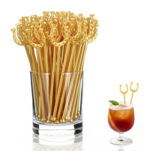 lot 20186 image: Sunnychicc 120 Pcs 6 Inch Derby Drink Plastic Stirrers Swizzle Sticks for Cocktails Coffee Reusable U Shaped Horseshoe Drink Stirrers for Coffee Beverage Party Bar Weddings Events (Gold)