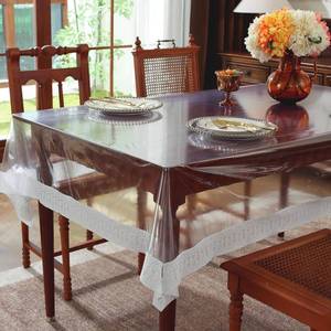 lot 20190 image: Clear Vinyl Tablecloth Protector, Lace Tablecloths Rectangular with Waterproof and Oil-Proof Design, Wipeable Table Cloth for IndoorOutdoor Use. (Phoenix Tail Trim, 60 x 84 in)