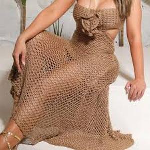 lot 2091 image: TZCX Women Halterneck Crochet Knit Beach Cover-Up Dress Full Length