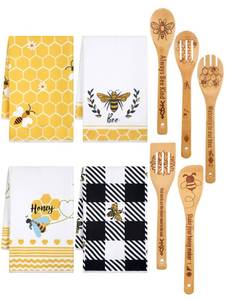 lot 1713 image: Bencailor 9 Pcs Bee Kitchen Decor Include 4 Hand Towels and 5 Wooden Spoons Gifts Honey Bees Farmhouse Kitchen Accessories Absorbent Tea Towels Dish Cloths for Chef Baking Cooking Grilling(Bee)