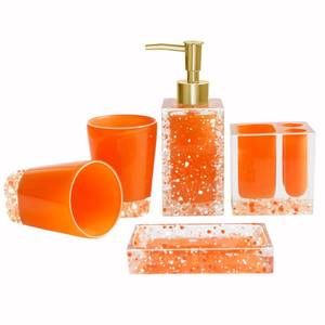 lot 1719 image: LUANT 5-Piece Resin Bathroom Accessory Set with Soap Dish, Dispenser, Toothbrush Holder and Tumbler, Orange