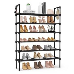 lot 1720 image: LANTEFUL 6 Tier Shoe Rack for Closet Shoe Organizer with 5 Hooks, Long Shoe Shelf Storage for Shoe and Boot Stackable Free Standing Shoe Rack for Entryway, Garage, Small Spaces, Dorm, Black