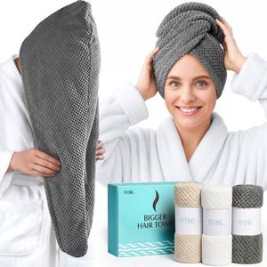 lot 1729 image: YFONG 3 Pack Large Microfiber Hair Towel Wrap, 30in x 10in Anti Frizz Quick Dry Hair Towels for Women Long, Curly, Thick Hair, Super Absorbent Hair Turban for Wet Hair (Grey, White, Camel)