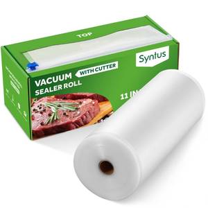 lot 1738 image: Syntus 11in x 150ft Food Vacuum Seal Roll Keeper with Cutter Dispenser, Commercial Grade Vacuum Sealer Bag Rolls, BPA Free Food Vac Bags, Ideal for Storage, Meal Prep and Sous Vide
