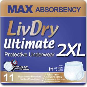 lot 1745 image: LivDry Ultimate 2XL Adult Incontinence Underwear, Max Absorbent Diapers for Women and Men, XXL 60in -80in Waist, Leak Proof Cuff, XX-Large, 11-Pack