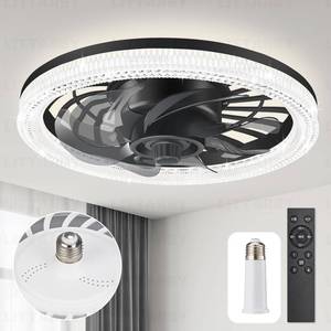 lot 1755 image: Ceiling Fans with Lights, Socket Fan Light with Remote Control, Dimmable Brightness 3000K-6500K Memory, Socket Modern Flush Mount Low Profile Ceiling Fan for Bedroom, Small Living Room, Kitchen Black