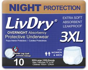 lot 1778 image: LivDry 3XL Overnight Adult Diapers for Women and Men, XXXL Incontinence Underwear, 72in-92in Waist, Disposable Pull-On Briefs, XXX-Large, 10 Count