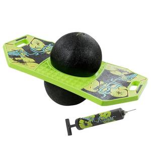 lot 1784 image: Flybar Pogo Trick Ball for Kids, Trick Bounce Board for Boys and Girls Ages 6, Up to 160 lbs, Includes Pump, Easy to Carry Handle, Durable Plastic Deck Indoor, Outdoor Toy Pogo Jumper (Green Mean)