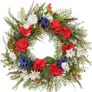 lot 1787 image: Pudate 22 Inch Patriotic Hydrangea Wreath for Front Door Decor, UV Resistant Eucalyptus Artificial Floral, Waterproof Summer Porch Display and 4th of July Americana Wreath