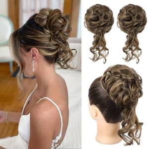 lot 2302 image: HOOJIH Messy Bun Hair Piece, 2PCS Tousled Updo with Tendrils Bun Extensions Wavy Curly Hair Wrap Ponytail Hairpieces Thick Scrunchies for Women - Chocolate Brown with Highlights