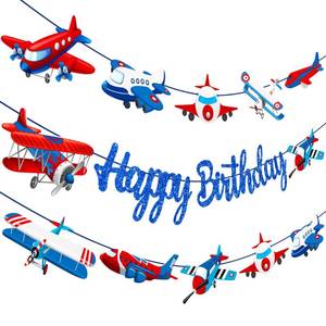 lot 2308 image: Airplane Birthday Party Supplies Pre-strung Airplane Banner Aviation Theme Birthday Decorations 3PCS Aircraft Plane Party Paper Banners for Helicopter Pilot Baby Shower Supplies