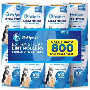 lot 2331 image: PetLovers Extra Sticky Lint Roller Mega Value Set for Pet Hair Removal, Dog and Cat Lint Remover (8 Pack Refills)
