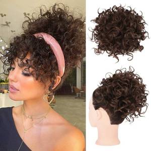 lot 2343 image: HOOJIH Curly Hair Bun, Elastic Drawstring Loose Wave Messy Bun 1PC Large Full Hair Bun Extension Hairpiece Short Synthetic Ponytail Extension for Women - Medium Cool Beige Brown
