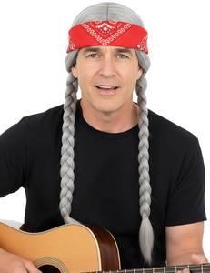 lot 2348 image: AMZCOS Long Silver Grey Braided Wig with Bandana for Mens 60s Hippie Costume Halloween Party (Silver Grey)