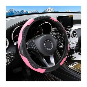 lot 2349 image: Osilly Car Steering Wheel Cover, 15 inch Carbon Fiber Microfiber PU Leather Elastic Steering Wheel Protector for Men Women, Anti-Slip Breathable Car Interior Accessories for Most Cars (Pink)