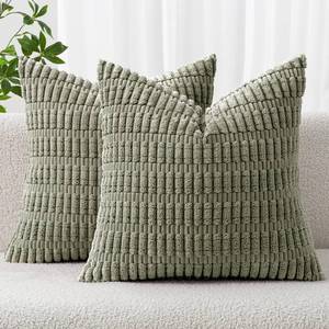 lot 2375 image: MIULEE Pack of 2 Corduroy Decorative Throw Pillow Covers 18x18 Inch Soft Boho Striped Pillow Covers Modern Farmhouse Home Decor for Summer Sofa Living Room Couch Bed Light Olive Green