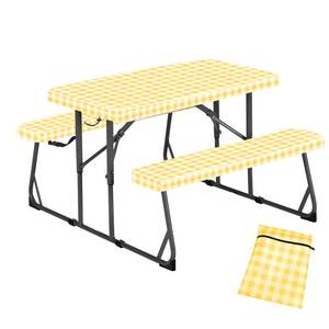 lot 2399 image: 33in L x 20in W x 3in H Yellow Grid Picnic Table Cover for Kids, Fitted Tablecloth for Outdoors Oxford Cloth Waterproof Cloth for Camping Home Goods Indoor Outdoor Patio BBQ