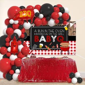 lot 2416 image: MEHOFOND Baby Q Shower Decorations BBQ Party Balloon Arch Kit Summer Barbecue Picnic Red Black and White Baby Shower 126 Pcs Decorations Set