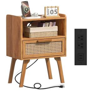 lot 3843 image: Lerliuo Rattan Nightstand with Charging Station, Side Table with Drawer, Cane Accent Bedside End Table with Solid Wood Legs, Night Stand for Bedroom, Dorm and Small Spaces (Tea Brown)