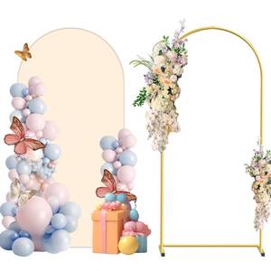 lot 3854 image: Metal Arch Backdrop Stand and Cover Set, 6FT White Reusable Spandex Fitted Backdrop Cover and Gold Wedding Arch Frame for Baby Shower, Birthday, Parties Decoration.