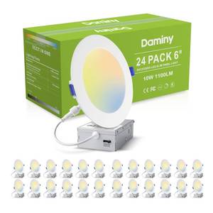 lot 3855 image: DAMINY 24 Pack 6 Inch LED Recessed Lighting with Junction Box,5CCT,Ultra-Thin Recessed Light,10W 1100LM, Dimmable Canless Wafer Ceiling Light, High Brightness