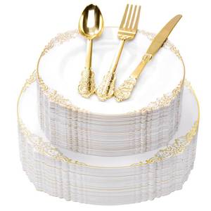 lot 3861 image: Goodluck 250 PCS Vintage White and Gold Rim Plastic Plates with Cutlery Set - Serves 50 - Heavy Duty Elegant Disposable Dinnerware for Formal Wedding, Catering, Upscale Party