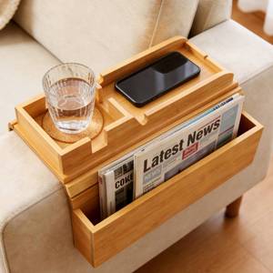 lot 3878 image: Bamboo Sofa Armrest Tray for Couches Without End Tables, Non-Slip Couch Armrest Table for Drinks, Phone and Remote, Fits Flat Armrests 6in