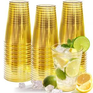 lot 3879 image: Glowserve 12 oz Clear Plastic Cups Disposable Gold Plastic Cocktail Glasses 50 Pack Drinking Disposable Wine Cups for Party Birthday Wedding Graduation Fatherfts Day World Cup