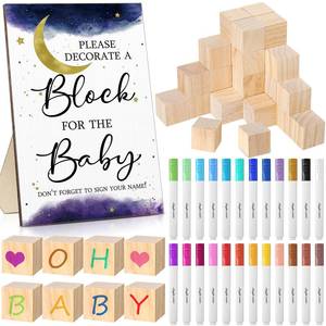 lot 3884 image: Tatuo 75 Pcs Baby Shower Block Games Here Comes The Son Baby Shower Decor 50 Blank Wooden Blocks 1 Decorate a Block Sign and 24 Paint Markers Party Decorations Activities for Guests(Sky)