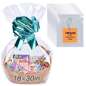 lot 4151 image: Yuiicaov 10PCS Large Cellophane Bags, 18x30 Inches Clear Cellophane Wrap for Gift Baskets, Clear Basket Bags Packaging 2.8 Mil Thick