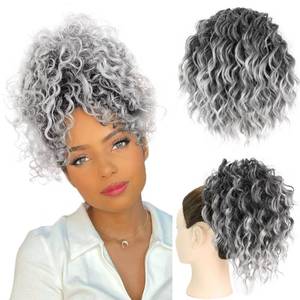lot 4166 image: Adancyler Wavy Curly Ponytail Extension Drawstring Ponytail for Black Women Synthetic Hairpieces Pony Tails Hair Extensions for Women - Black Mix Gray