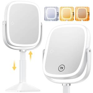 lot 4170 image: Gospire Rectangle Lighted Makeup Mirror with Lights and 1X7X Magnifying Mirror, Height Adjustable and 4000mAh Rechargeable for Bedroom, 8.5inx7.4in Large Surface, Stepless Dimming - White