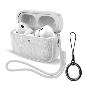 lot 4183 image: Case for AirPods Pro 3 (2025 Release), Leather-Texture TPU Shockproof Protective Cover with Keychain, Wrist Strap, Front LED Visible � White