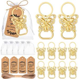 lot 4234 image: 50 Pcs Butterfly Bottle Opener Keychains Birthday Party Favors Wedding Bridal Baby Shower Souvenirs for Guests,Gold Beer Bottle Openers with Thankyou Card,Bags (50)