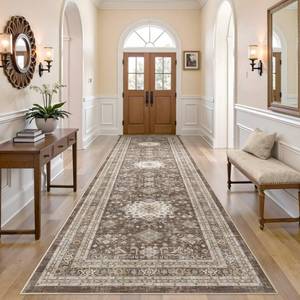 lot 5255 image: Vintage Hallway Runner Rug 3x10 Large Soft Washable Entryway for Kitchen Laundry Room Non-Slip Backing Runner for Entrance Living Room Bedroom Bathroom - Dark Brown