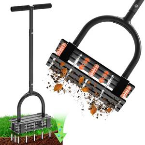 lot 5268 image: DomiHapi Aerator Lawn Tool - 2-in-1 Reinforced Heavy Duty Manual Lawn Aerator with 15 Spikes, Automatic Dirt and Leaf Clean Design, Adjustable T-Handle (Black)
