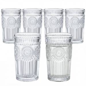 lot 5273 image: Kingrol Embossed Vintage Drinking Glasses Set of 6, 12 oz Textured Glass Tumblers, Clear Retro Water Glasses for Iced Coffee, Juice, Cocktails and Everyday Use