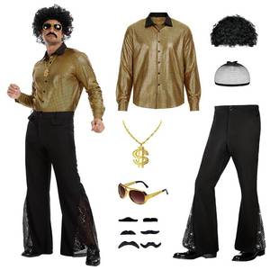 lot 5276 image: KDAFJLKD 6 Pcs 70s Disco Outfit Costume for Men Dance Bell Bottom Pants Retro Shirts Moustache Sunglasses Wigs Necklace (Golden, Large)