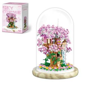 lot 5292 image: Insgen Cherry Blossom Bonsai Tree House Building Flowers Set for Adults, 1382 Pcs Micro-Particle Ideas Sakura Tree Building Blocks, Complete with String Lights, Dust Cover, and Wooden Base