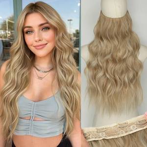 lot 6224 image: KooKaStyle Invisible Wire Hair Extensions with Transparent Wire Headband Adjustable Size 4 Secure Clips Long Wavy Synthetic Hairpiece for Women(20inch Beige Blonde mix Lvory Blonde Highlights)