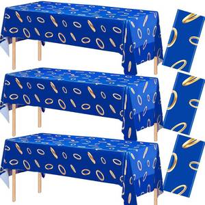lot 6234 image: ANLLECR 3Pcs 108 x 54 Inches Blue with Gold Ring Print TableclothBlue Disposable Rectangle Plastic Table Cover for Boys Girls Birthday Party Decoration