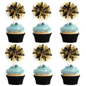 lot 6237 image: 30 PCS Foil Firework Cupcake Toppers Sparkle Tinsel Cake Toppers Happy Birthday Cake Decorations Tinsel Drink Cocktail Picks for Fireworks Theme Birthday Wedding Graduation Party Supplies Black Gold