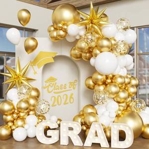 lot 6243 image: White and Gold Balloon Arch Kit, 130Pcs White and Gold Graduation Decorations with Gold Foil Star Confetti Balloons for College High School Graduation Decorations Class of 2026