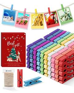 lot 6248 image: Mini Clothes Pins for Photo, Small Colored Clothespins 100 Pack Wooden Rainbow Colorful Picture Clips with 32 FT String for Crafts, Little Baby Shower, Display Artwork, Hanging Decorative Tiny Cards