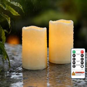 lot 6260 image: Raycare 3inx5in Outdoor Waterproof Flameless Candles, Battery Operated LED Electric Candles with Remote and Timers, Fake Pillar Candle for Patio, Porch, and Wedding Decor, Ivory, Set of 2