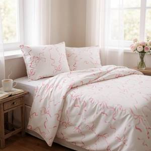 lot 6291 image: Elegant Bow Bedding Sheets Set � 1 Flat Sheet - 1 Fitted Sheet - 2 Pillowcovers - Coquette Aesthetic, Pink - Soft, Breathable and Cozy Sheet - Bow Girly - Bow Decor (Pink Bows, Queen (U.S. Standard))